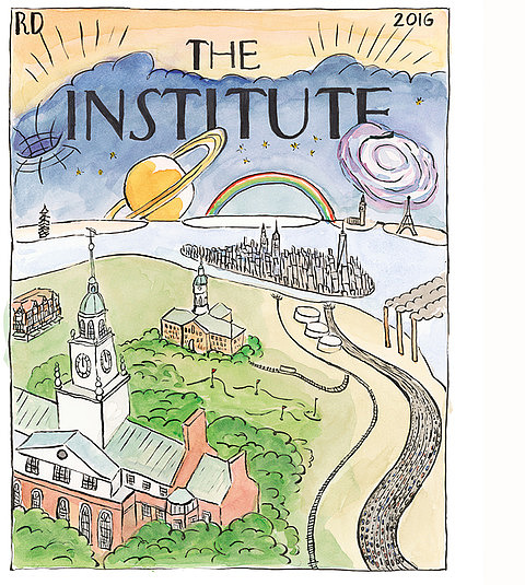 Illustration of the Institute facing a large city and the cosmos at large.